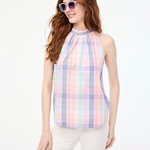 J. Crew Factory Plaid Bow-Back Sleeveless Halter Top in Noble Peri Multi S